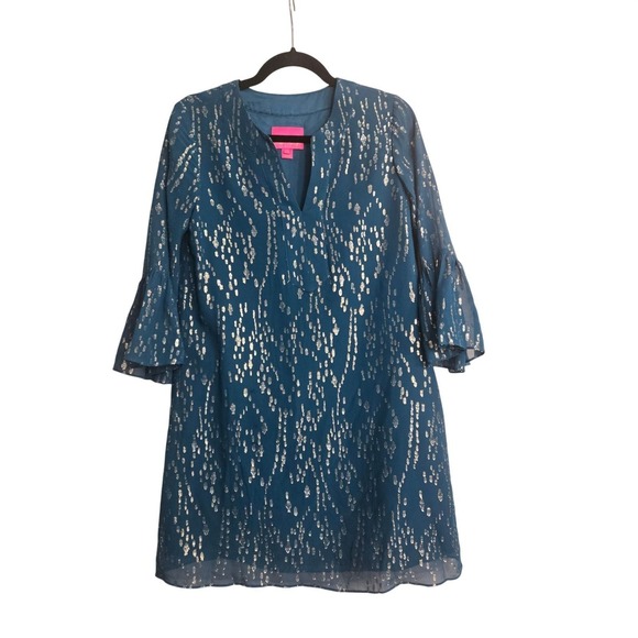 Lilly Pulitzer Dresses & Skirts - Lilly Pulitzer Silk Metallic Gold Foil Teal Blue Bell Sleeve Shift Dress XS